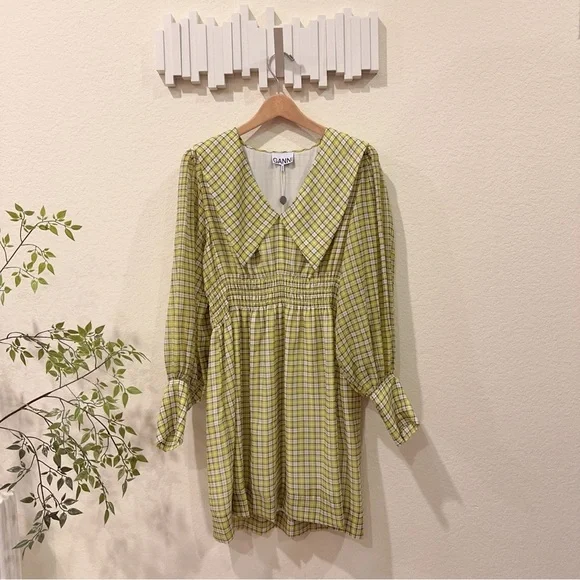 Ganni Yellow Green Point Collar Checked Long Sleeve Mini Dress Size 8 NWT - Picture 5 of 10